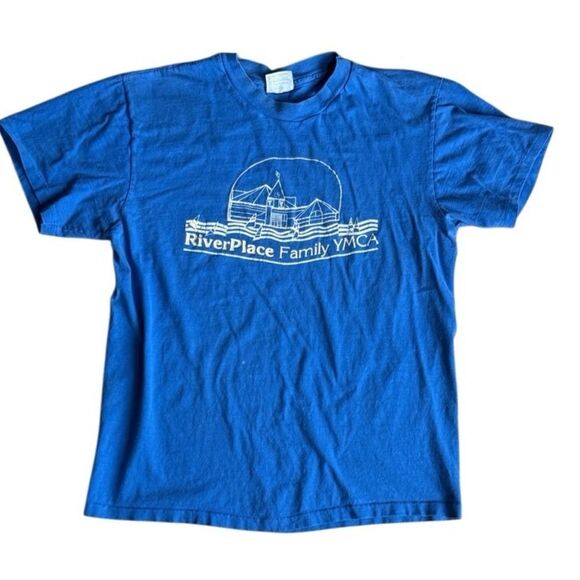80s Vintage River Place YMCA Single stitch Blue Tshirt Large - Picture 1 of 6